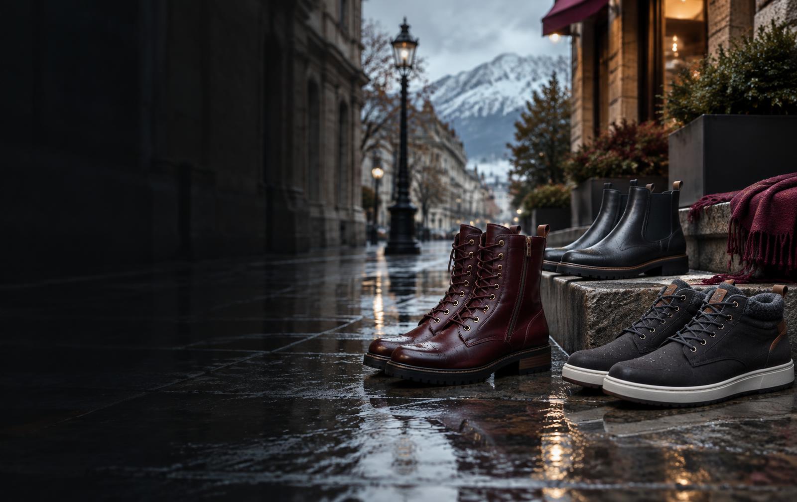 Botas de invierno de Calzados BYGA en una calle lluviosa